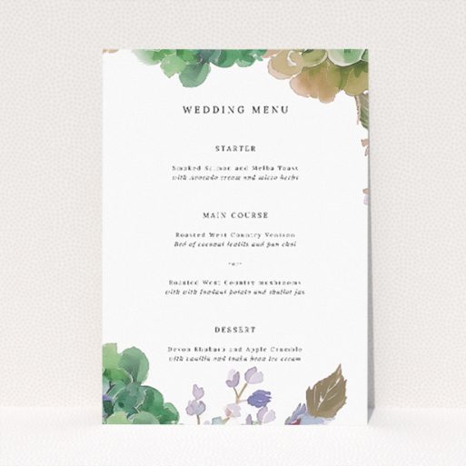 Elegantly Crafted Hibernian Harmony Wedding Menu Template with Soft Watercolour Greenery and Delicate Floral Accents. This is a view of the front