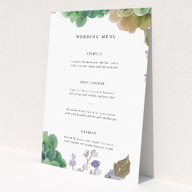 Elegantly Crafted Hibernian Harmony Wedding Menu Template with Soft Watercolour Greenery and Delicate Floral Accents. This is a view of the front