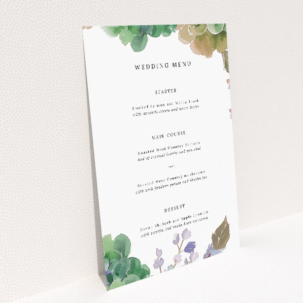 Elegantly Crafted Hibernian Harmony Wedding Menu Template with Soft Watercolour Greenery and Delicate Floral Accents. This image shows the front and back sides together