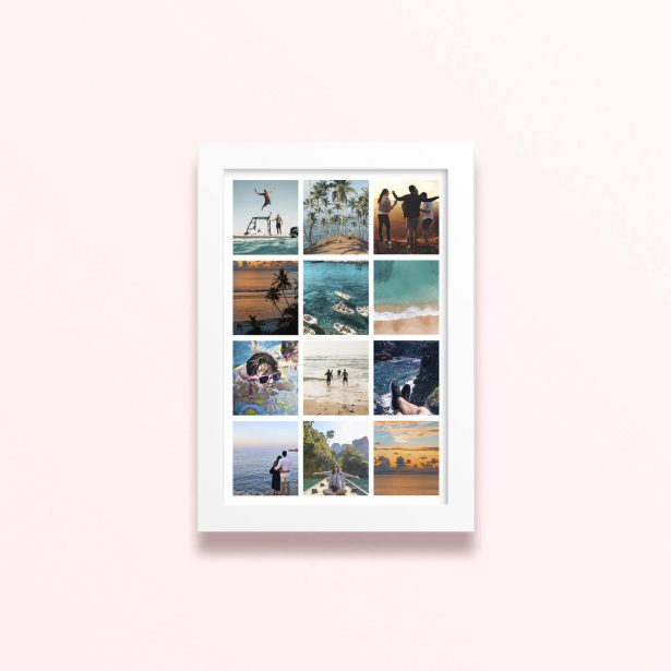 Simple framed prints designs with twelve photos in a collage format showcasing various scenic and personal moments.