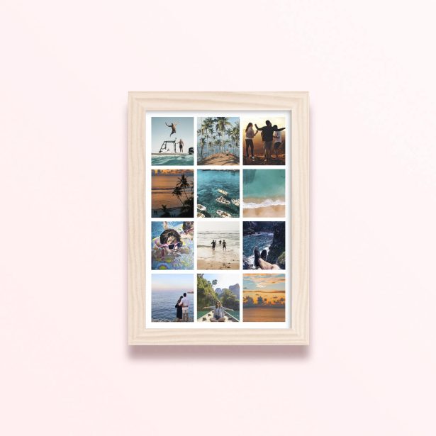 Simple framed prints designs with twelve photos in a collage format showcasing various scenic and personal moments.