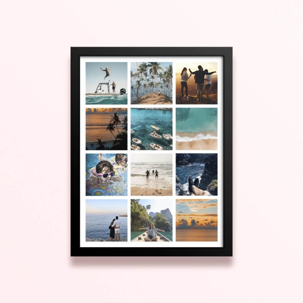 Simple framed prints designs with twelve photos in a collage format showcasing various scenic and personal moments.