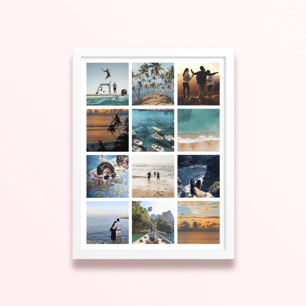 Simple framed prints designs with twelve photos in a collage format showcasing various scenic and personal moments.