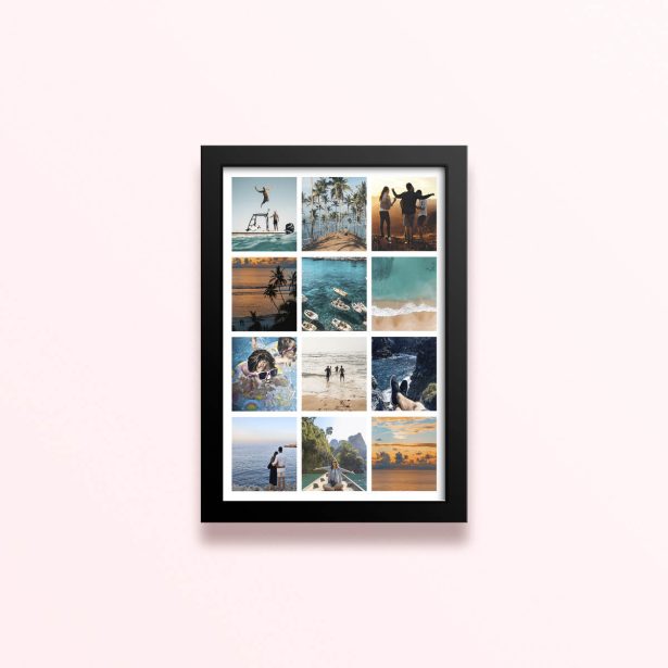 Simple framed prints designs with twelve photos in a collage format showcasing various scenic and personal moments.