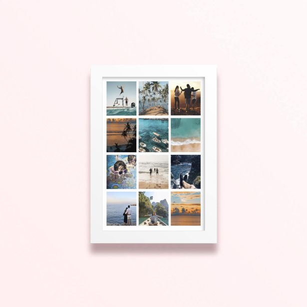 Simple framed prints designs with twelve photos in a collage format showcasing various scenic and personal moments.