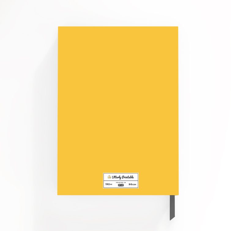 Yellow notebook cover design with one bee illustration, personalised stationery by Utterly Printable.