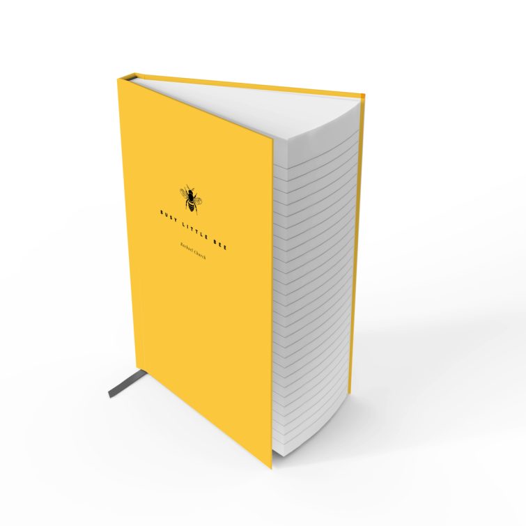 Yellow notebook cover design with one bee illustration, personalised stationery by Utterly Printable.