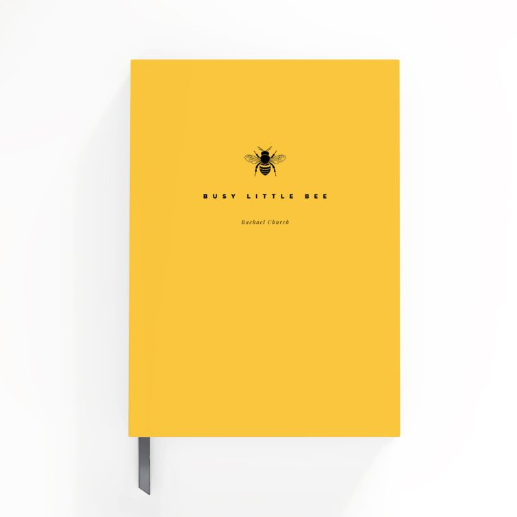 Yellow notebook cover design with one bee illustration, personalised stationery by Utterly Printable.