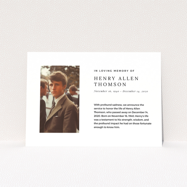 Funeral announcement design with one photo for memorial service.