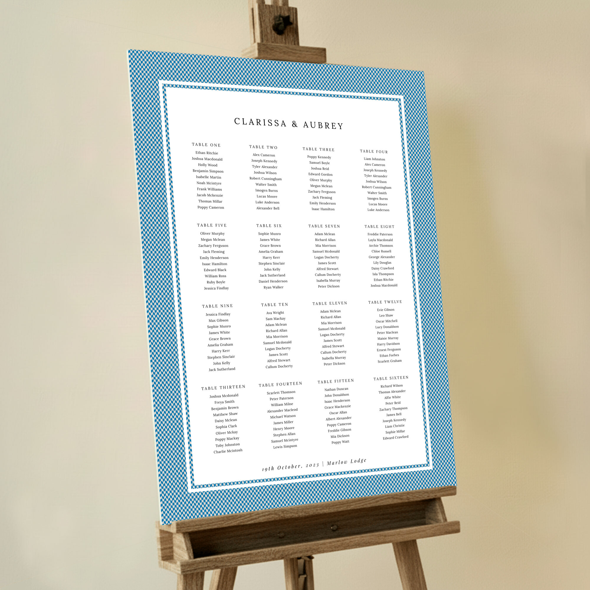 Classic Houndstooth Blues Seating Plan featuring a border with blue and grey segments, creating a houndstooth-esque pattern for a touch of timeless sophistication and style at your wedding celebration.. This one shows 16 tables.