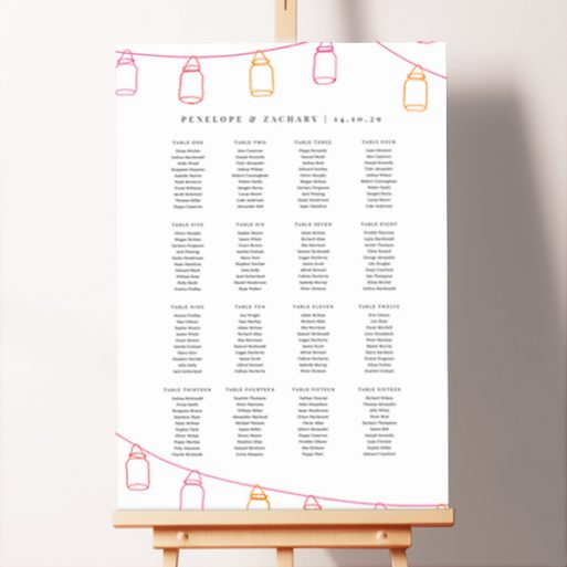 Custom In a Jar Seating Charts featuring a rustic yet modern design showcasing the charming visual of JamJar lights hanging from delicate pink threads, creating a warm and inviting atmosphere that illuminates your event and sets the stage for a memorable celebration.. This template has 16 tables.