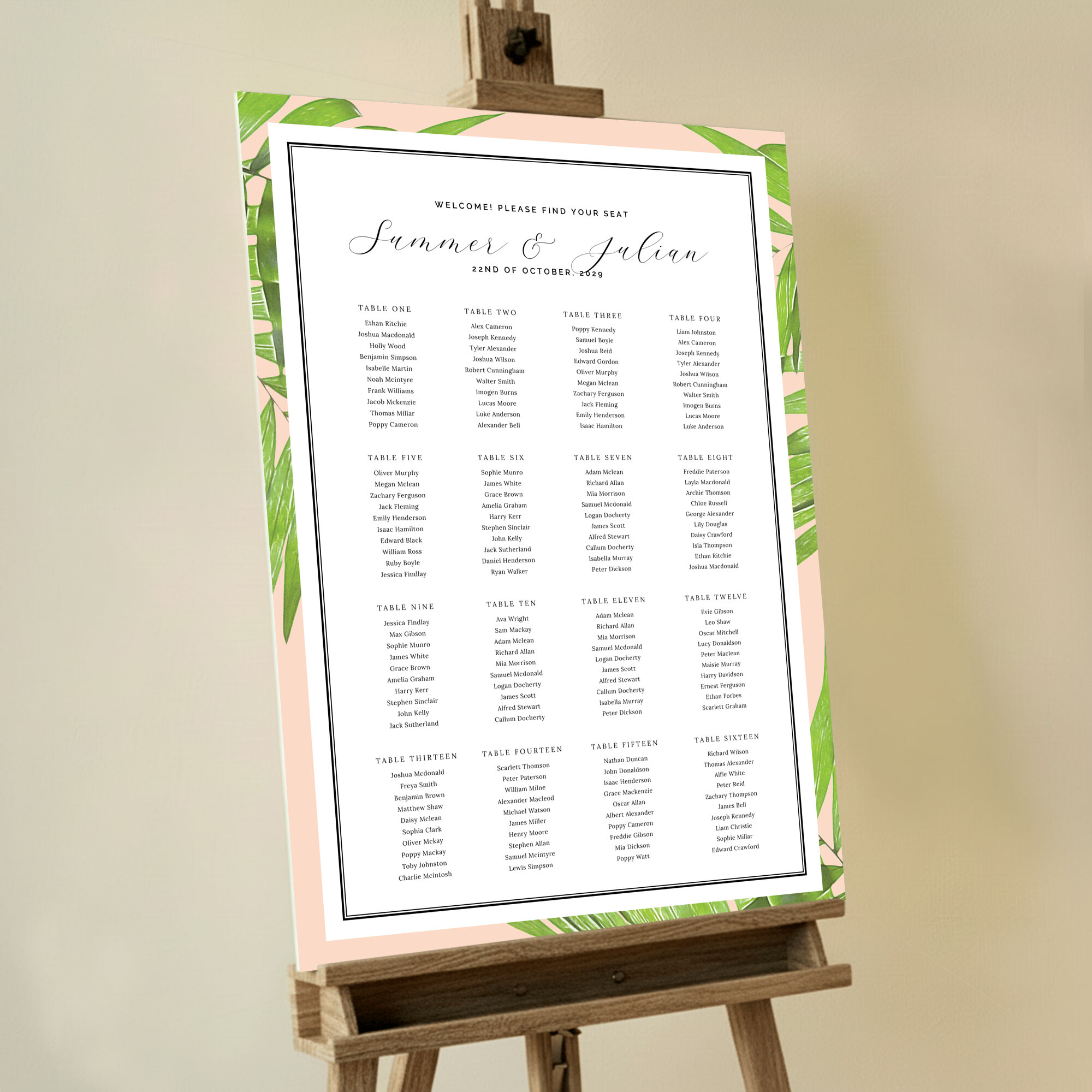 Customised In the Courtyard Seating Arrangements featuring a vibrant design showcasing a delightful contrast of light green jungle leaves against a dark pink background, creating a tropical vibe that welcomes your guests to a summer paradise, perfect for a summer wedding celebration.. This one is formatted for 16 tables.