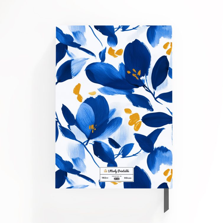 Floral blue and gold pattern on a personalised notebook cover design with one photo placeholder.