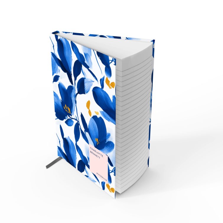 Floral blue and gold pattern on a personalised notebook cover design with one photo placeholder.