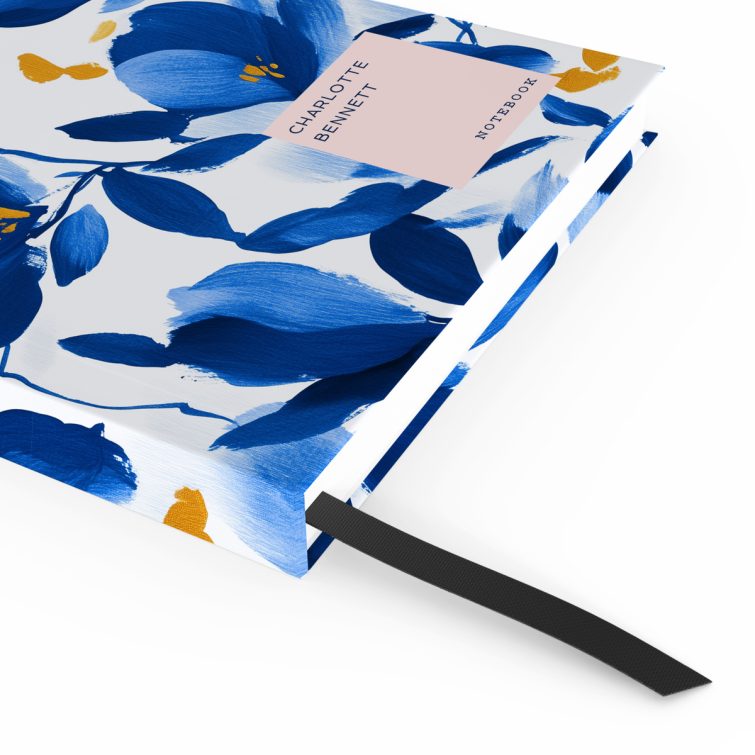 Floral blue and gold pattern on a personalised notebook cover design with one photo placeholder.