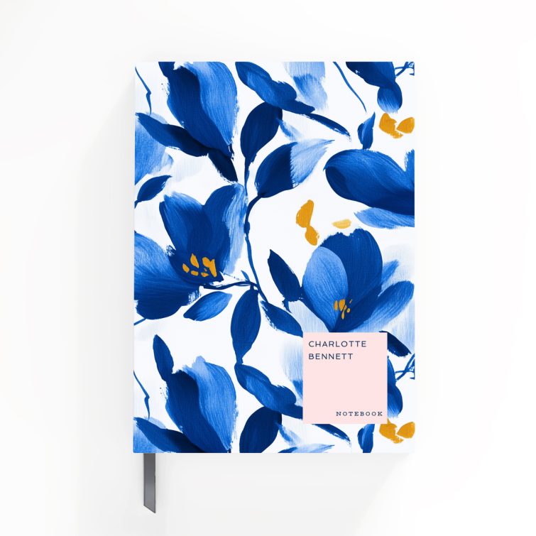 Floral blue and gold pattern on a personalised notebook cover design with one photo placeholder.