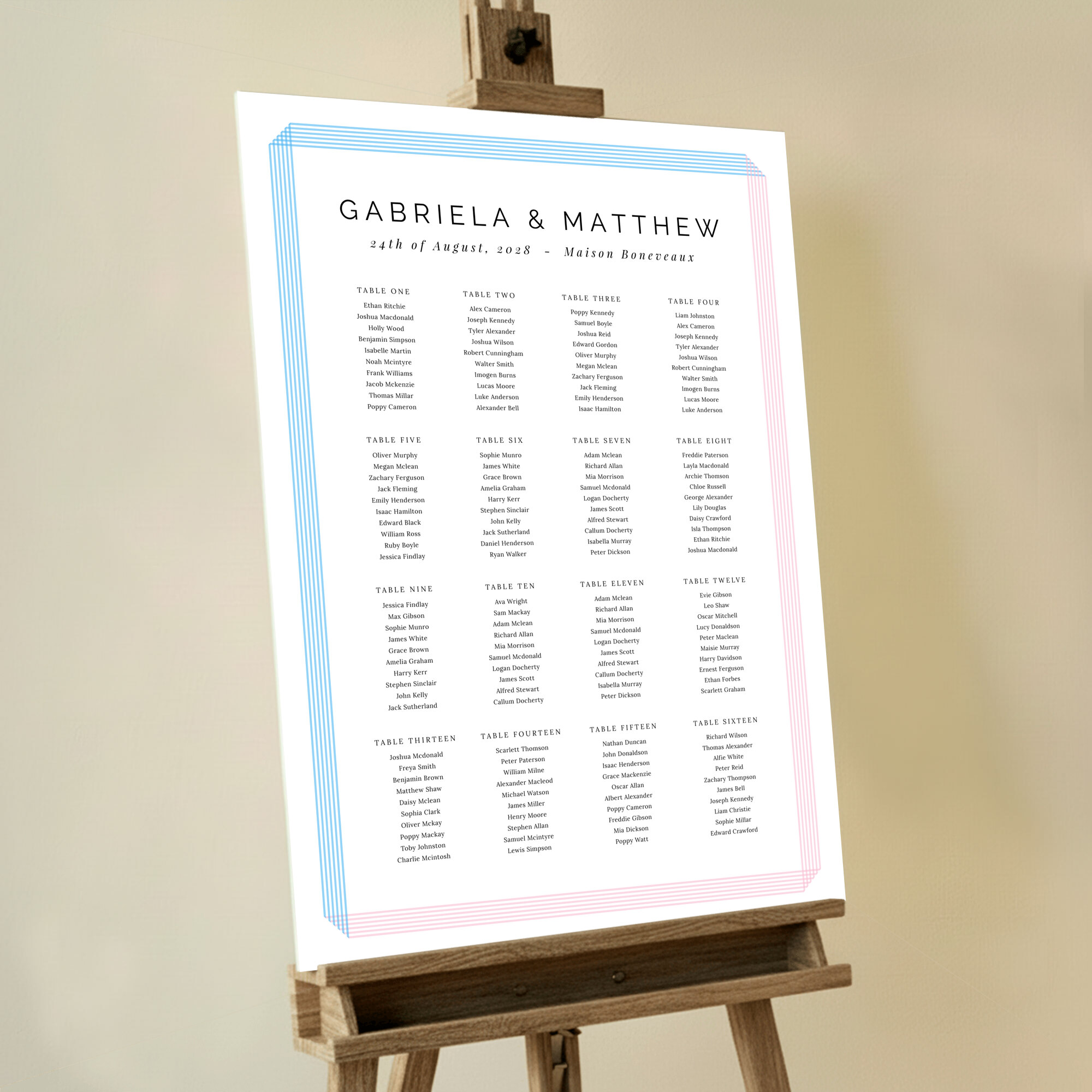 'Intersection' Seating Plan design featuring a five-line blue and pink border, offering a unique and visually appealing touch to your event, balancing simplicity and intricacy.. This one is formatted for 16 tables.