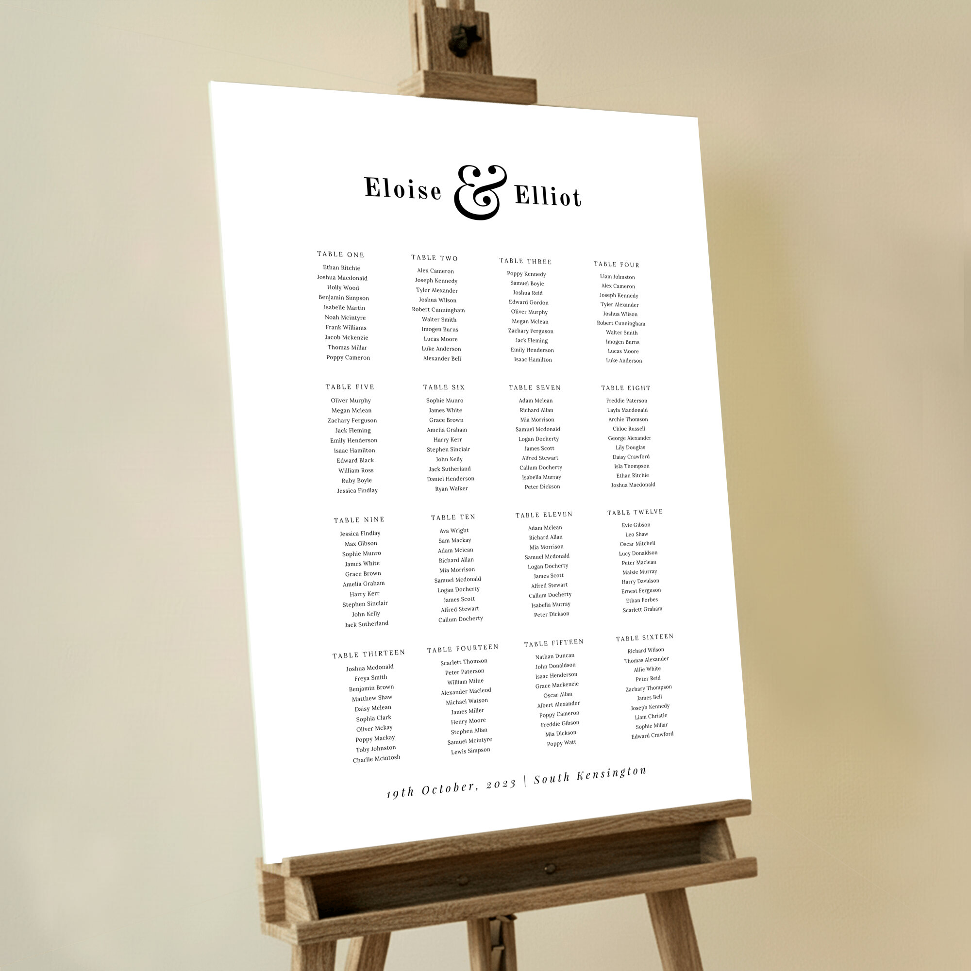 Custom Intricate Ampersand Seating Plan featuring a black and white design with an intricate ampersand symbol, adding a touch of elegance and sophistication to your wedding celebration.. This template has 16 tables.