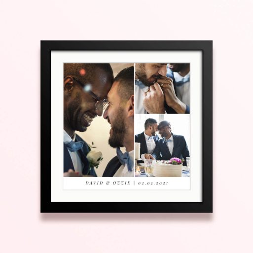 Framed and mounted photo print with three photos of a couple on their wedding day.