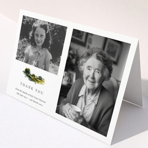 Funeral thank you card design with two black and white photos.
