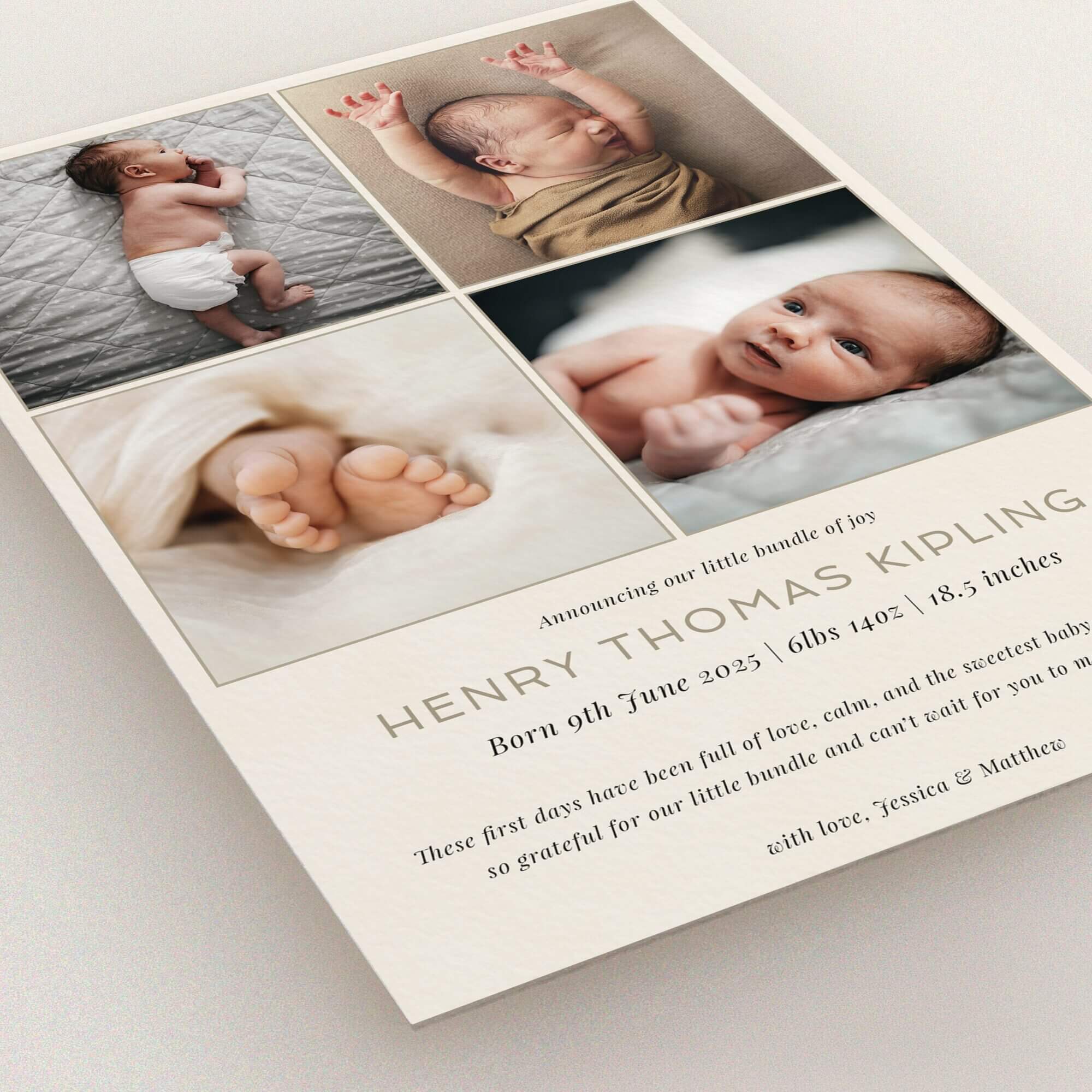 Personalised birth announcement card with four baby photos for a newborn announcement.