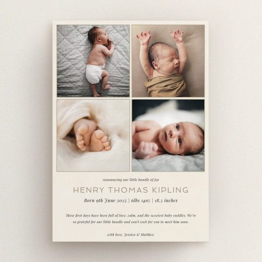 Personalised birth announcement card with four baby photos for a newborn announcement.