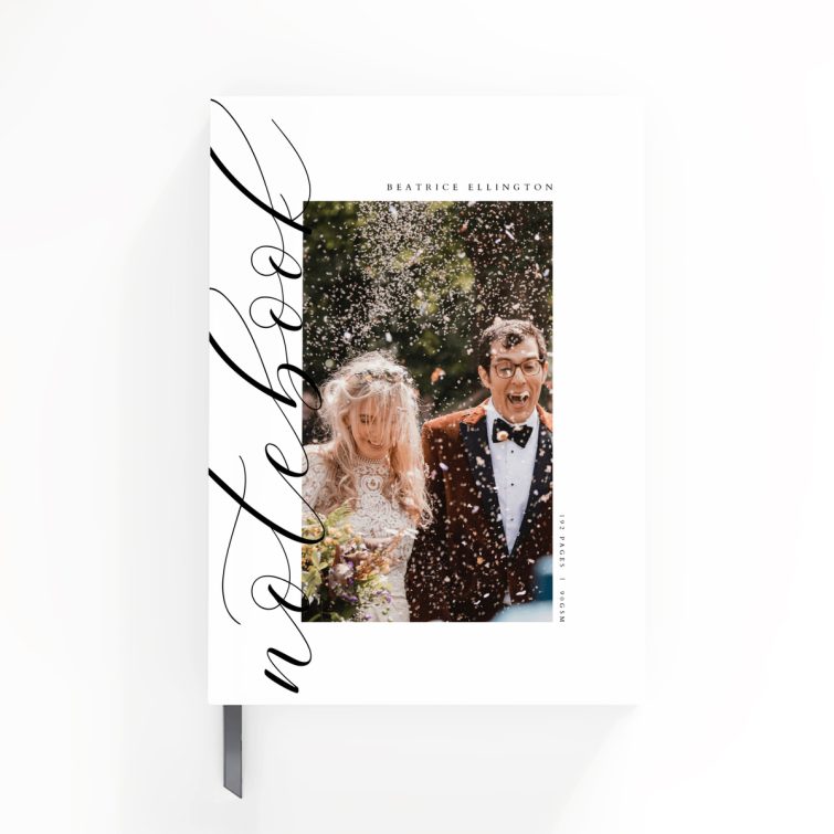 Elegant personalised wedding notebook design with one photo on the cover by Utterly Printable.