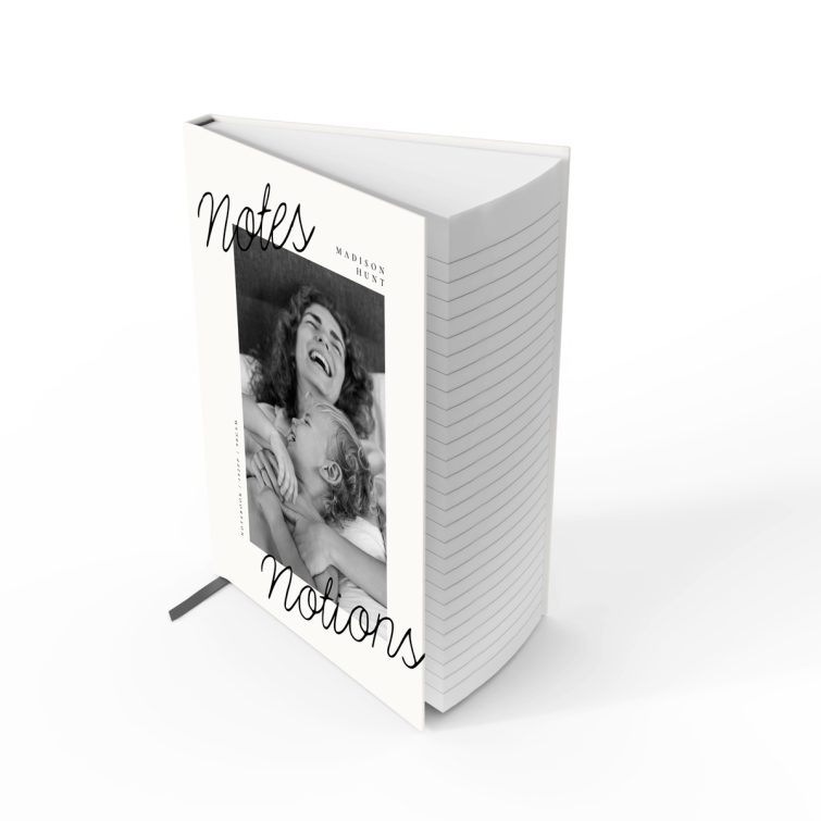 Portrait orientation notebook cover design with one black and white photo, featuring stylish typography, created by Utterly Printable.