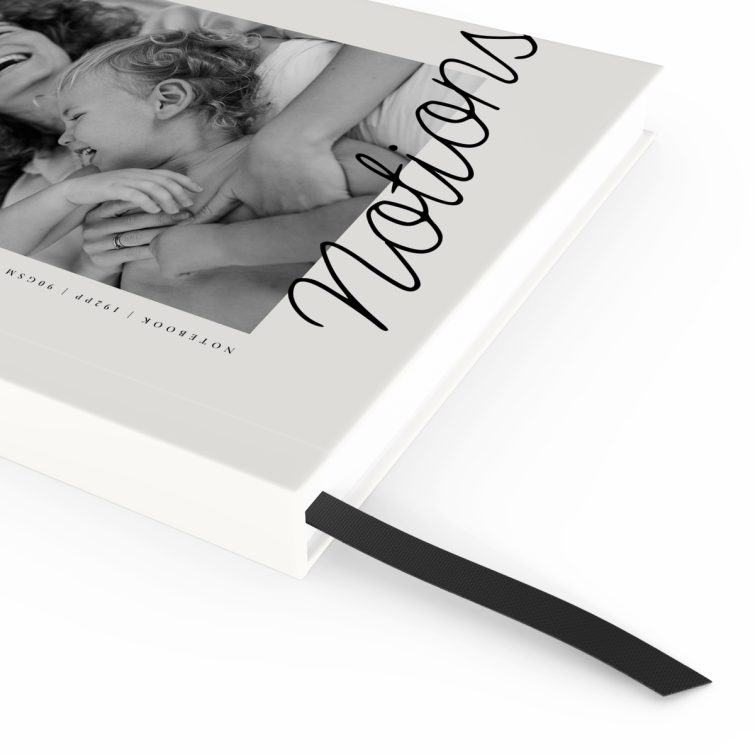 Portrait orientation notebook cover design with one black and white photo, featuring stylish typography, created by Utterly Printable.