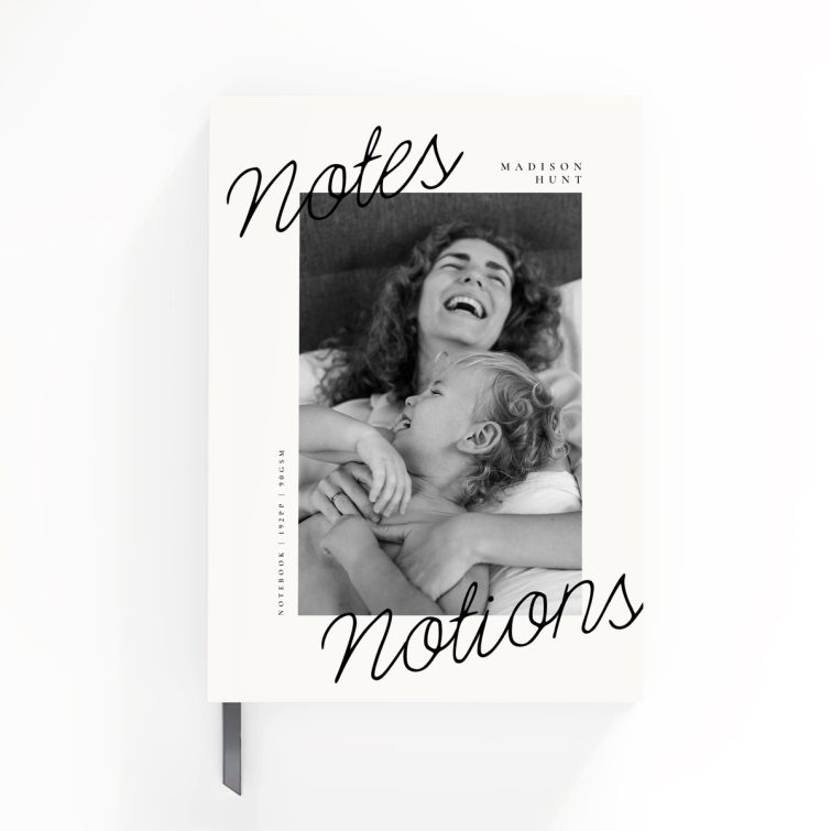 Portrait orientation notebook cover design with one black and white photo, featuring stylish typography, created by Utterly Printable.