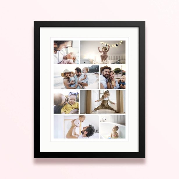 Framed and mounted photo print with a collage of eight family photos.