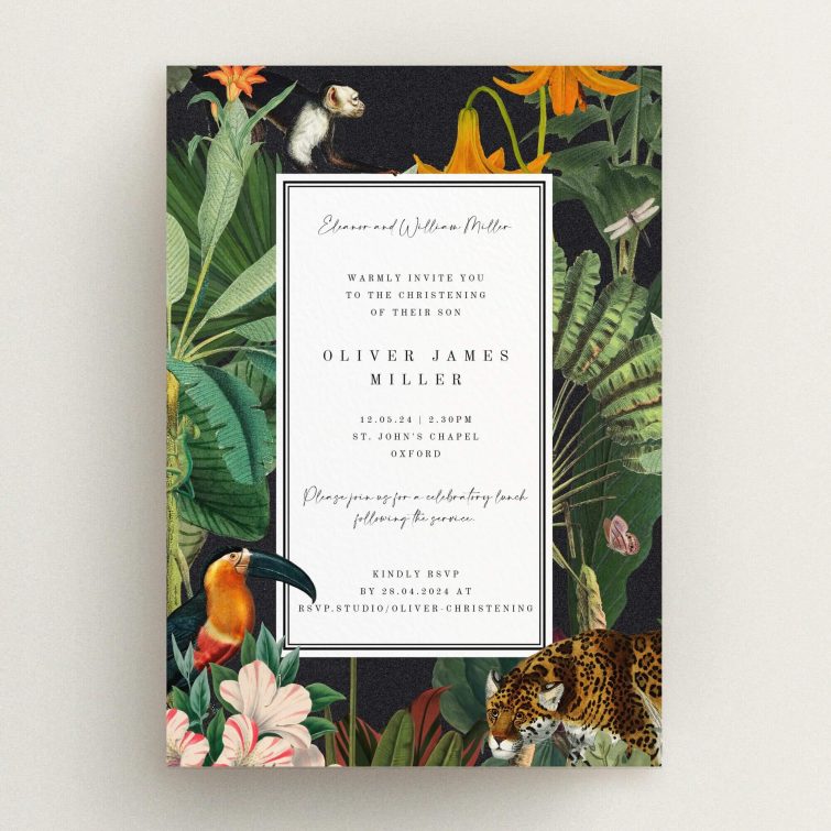 Floral christening invitation design with botanical illustrations and one photo placeholder.