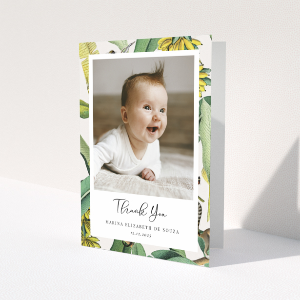 Baby thank you card with floral design and one photo