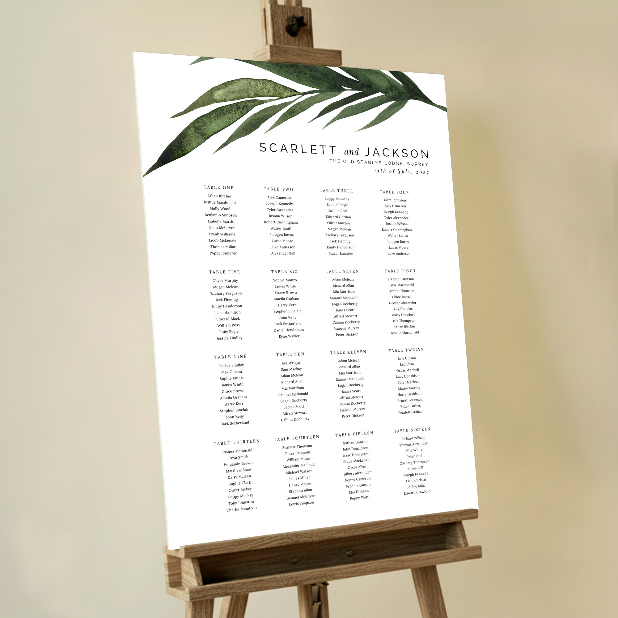 'Jungle Leaf' Seating Plan featuring a large painted green leaf running across the top of the board, evoking the beauty of nature and adding a touch of tropical elegance to your wedding celebration.. This one shows 16 tables.