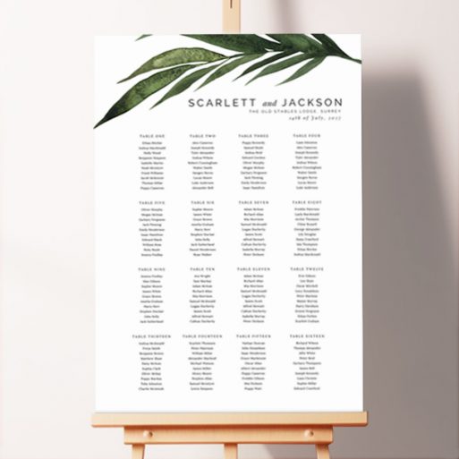 "Jungle Leaf" Seating Plan featuring a large painted green leaf running across the top of the board, evoking the beauty of nature and adding a touch of tropical elegance to your wedding celebration.. This one shows 16 tables.