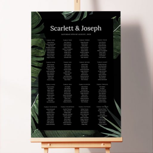 Foamex Jungle Nights Seating Plans featuring a dark and moody design with a border of large jungle leaves in dark green on a black background, adding a touch of mysterious sophistication to your special day, perfect for a nighttime celebration.. This template is formatted for 16 tables.