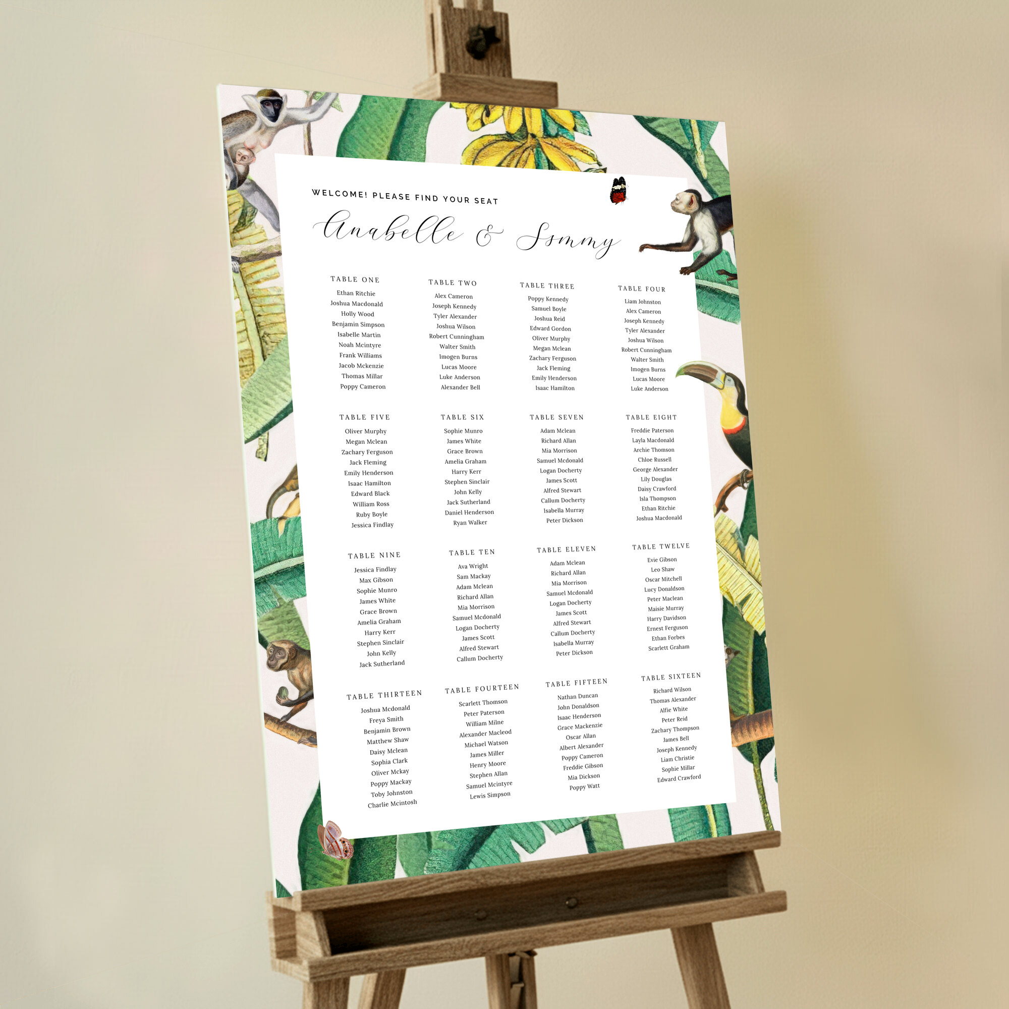 Foamex Jungle Oasis Seating Plans featuring an eye-catching design showcasing lush jungle leaves, animals, and banana trees, transforming your wedding venue into a serene tropical haven for you and your guests to enjoy.. This design shows 16 tables.