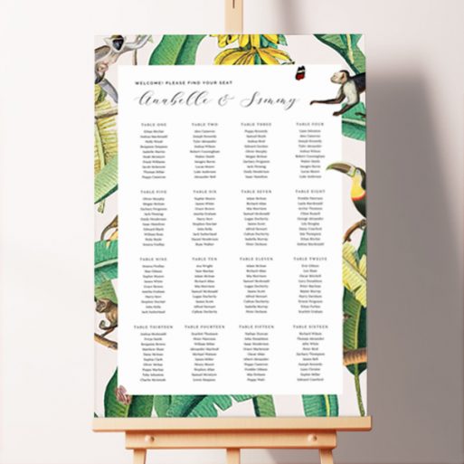 Foamex Jungle Oasis Seating Plans featuring an eye-catching design showcasing lush jungle leaves, animals, and banana trees, transforming your wedding venue into a serene tropical haven for you and your guests to enjoy.. This design shows 16 tables.