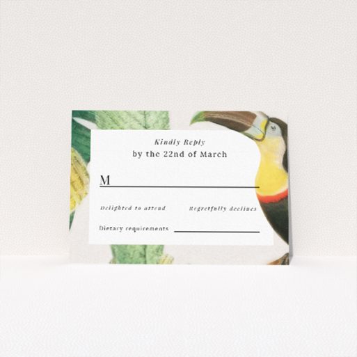 RSVP card template from the Jungle Oasis suite, featuring vibrant foliage and playful wildlife illustrations inspired by lush jungles, promising a unique wedding experience filled with energy and adventure for couples seeking excitement This is a view of the front