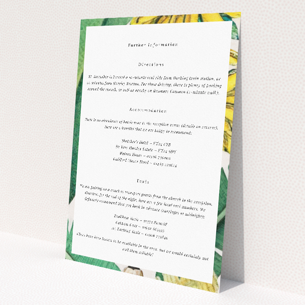 Jungle Oasis wedding information insert card with vibrant foliage and exotic wildlife illustrations. This is a view of the front