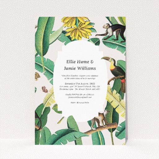 "Jungle Oasis wedding invitation featuring vibrant tropical foliage and exotic wildlife illustrations against a crisp white background, evoking the energy and excitement of a lush jungle paradise.". This is a view of the front