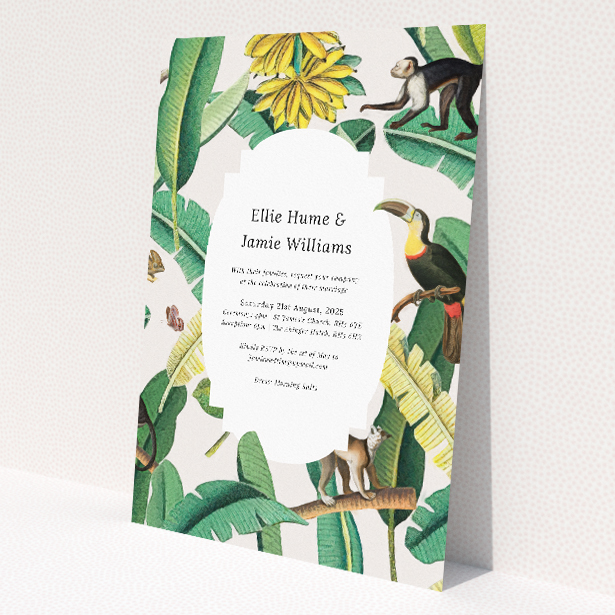 'Jungle Oasis wedding invitation featuring vibrant tropical foliage and exotic wildlife illustrations against a crisp white background, evoking the energy and excitement of a lush jungle paradise.'. This is a view of the front