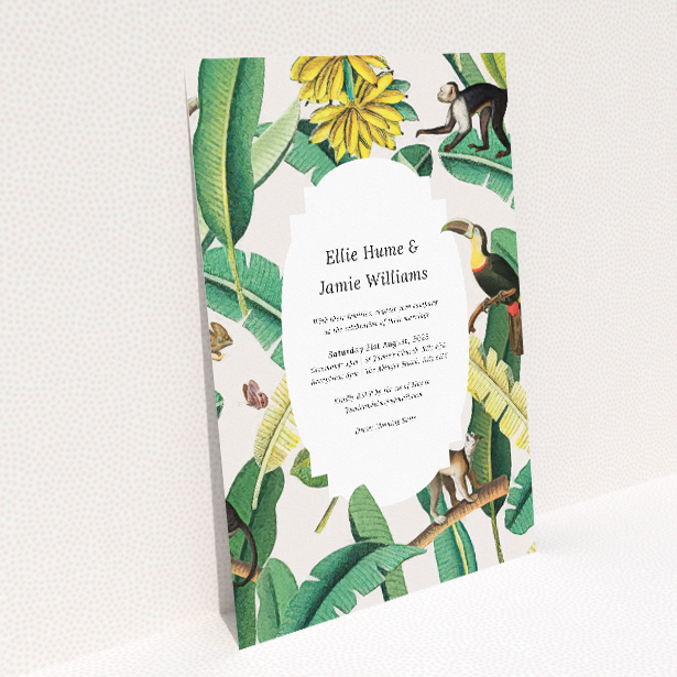 "Jungle Oasis wedding invitation featuring vibrant tropical foliage and exotic wildlife illustrations against a crisp white background, evoking the energy and excitement of a lush jungle paradise.". This image shows the front and back sides together
