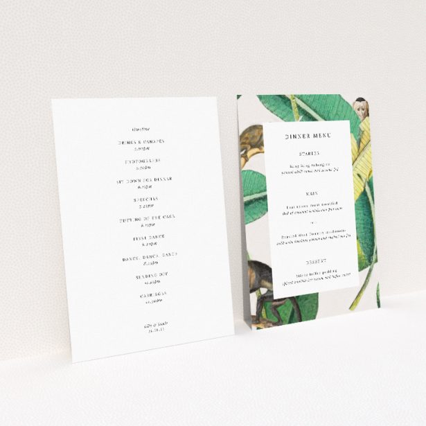 Tropical Jungle Oasis Wedding Menu Template with Lush Foliage. This image shows the front and back sides together