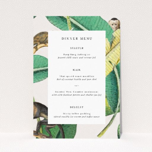 Tropical Jungle Oasis Wedding Menu Template with Lush Foliage. This is a view of the front