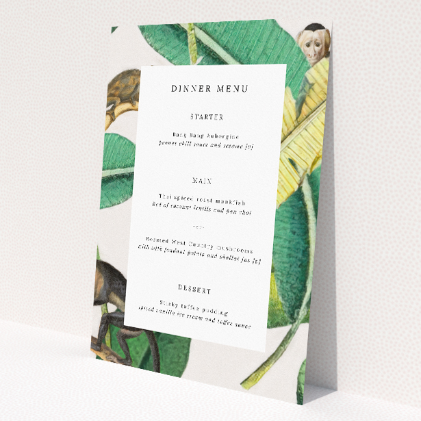 Tropical Jungle Oasis Wedding Menu Template with Lush Foliage. This is a view of the front