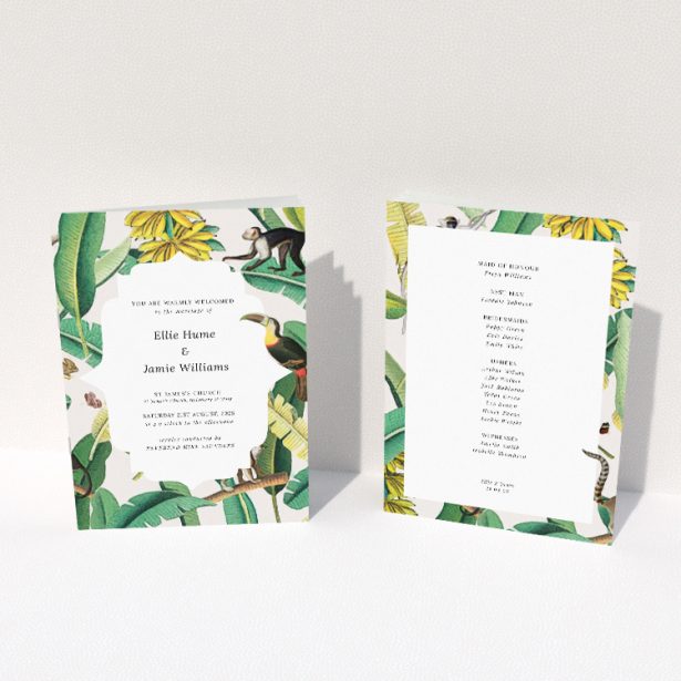 Vibrant Jungle Oasis Wedding Order of Service Booklet with Lush Tropical Scene. This image shows the front and back sides together