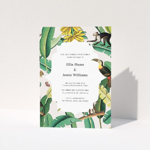Vibrant Jungle Oasis Wedding Order of Service Booklet with Lush Tropical Scene. This is a view of the front