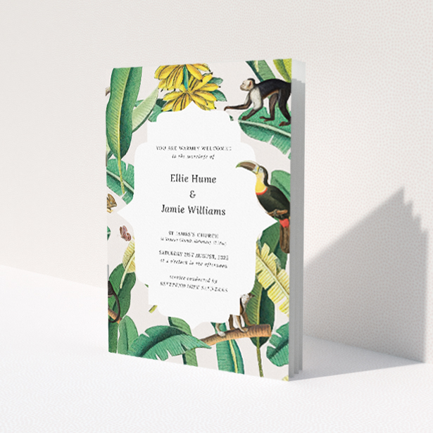 Vibrant Jungle Oasis Wedding Order of Service Booklet with Lush Tropical Scene. This image shows the front and back sides together