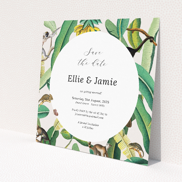 Jungle Oasis wedding save the date card featuring exotic foliage and jungle fauna design. This is a view of the front